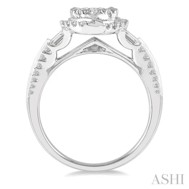 1 Ctw Round and Baguette Diamond Lovebright Engagement Ring in 14K White Gold