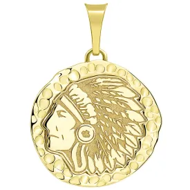 14k Gold Hand Engraved Native American Chief Indian Head Round Pendant - Yellow Gold