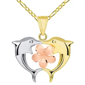 14k Gold High Polish Kissing Dolphins with Hawaiian Plumeria Flower Pendant Figaro Necklace - Tri Color Gold