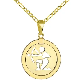 14K Gold Reversible Round Sagittarius Zodiac Sign Pendant with Figaro Chain Necklace - Yellow Gold