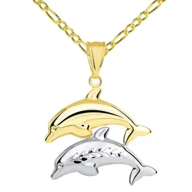 14k Gold Two Tone 3D Dolphins Jumping Pendant Figaro Necklace - Yellow and White Gold