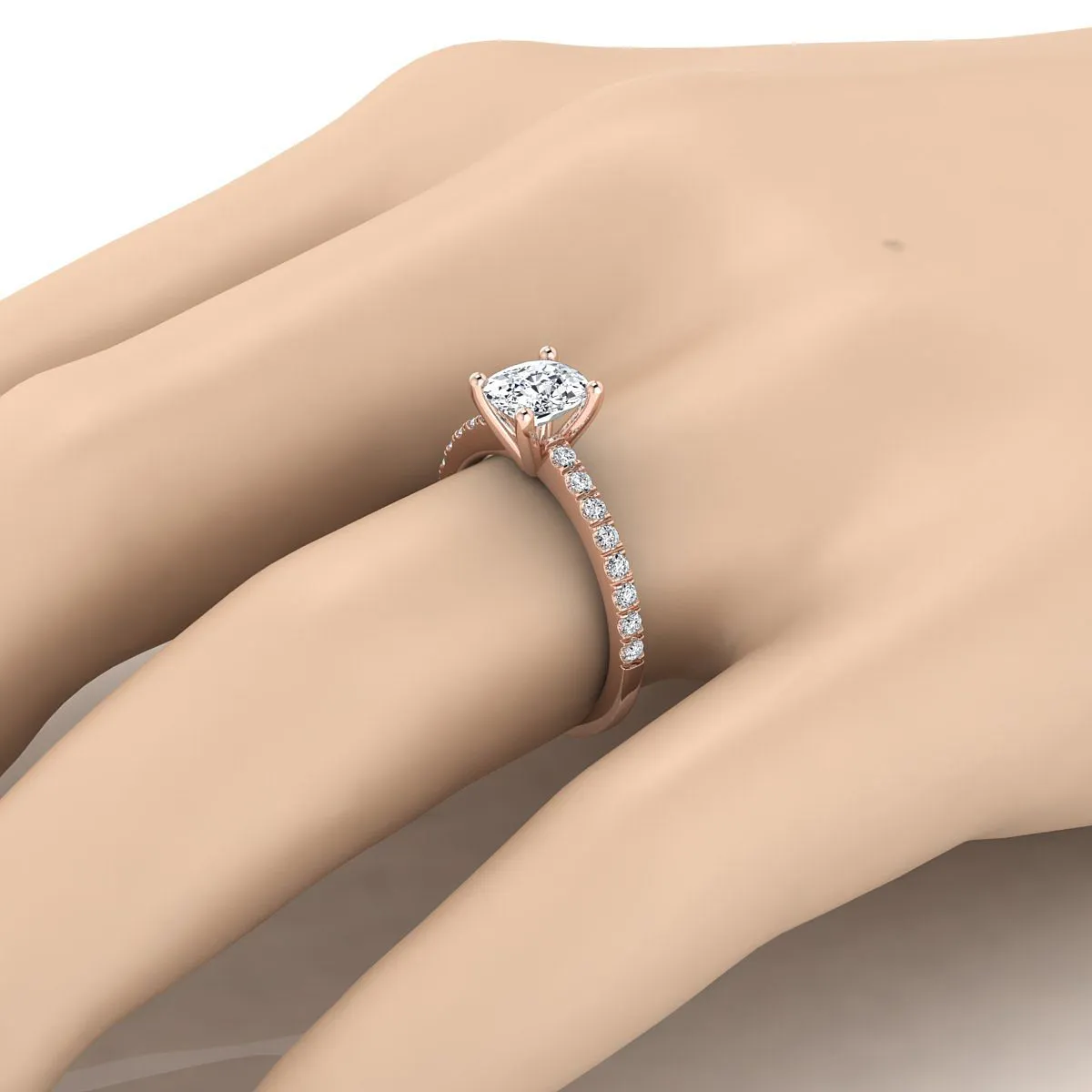 14K Rose Gold Cushion Simple Linear Diamond Pave Engagement Ring -1/5ctw