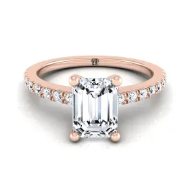 14K Rose Gold Emerald Cut Simple Linear Diamond Pave Engagement Ring -1/5ctw