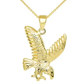 14k Solid Gold Soaring American Eagle Animal Pendant with Chain Necklace - Yellow Gold