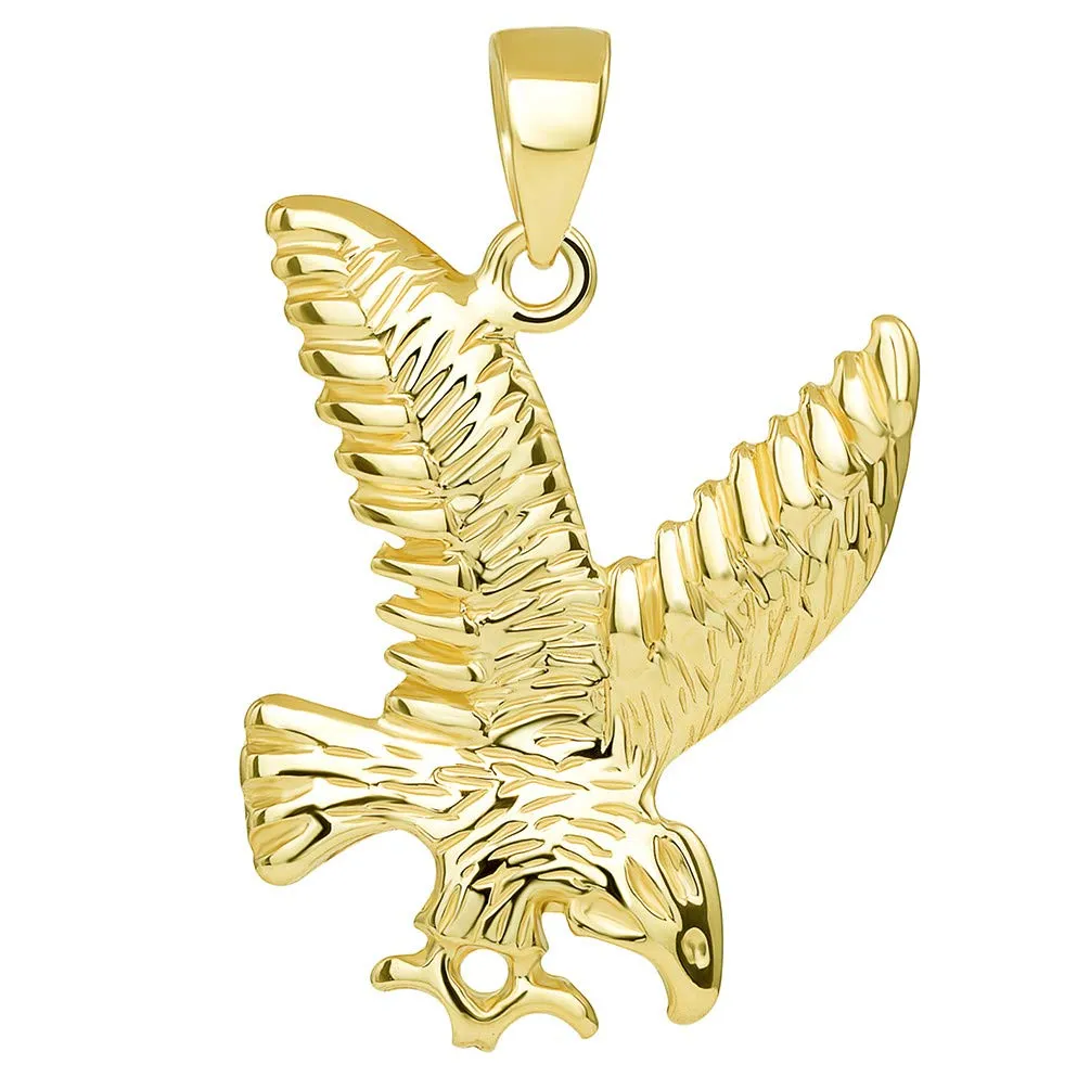 14k Solid Gold Soaring American Eagle Animal Pendant with Figaro Chain Necklace - Yellow Gold