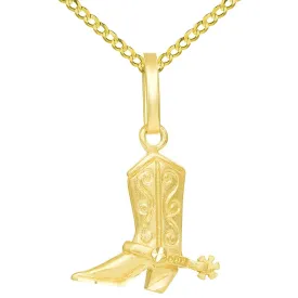 14k Solid Yellow Gold Detailed 3D Cowboy Riding Boot with Spur Pendant Cuban Necklace