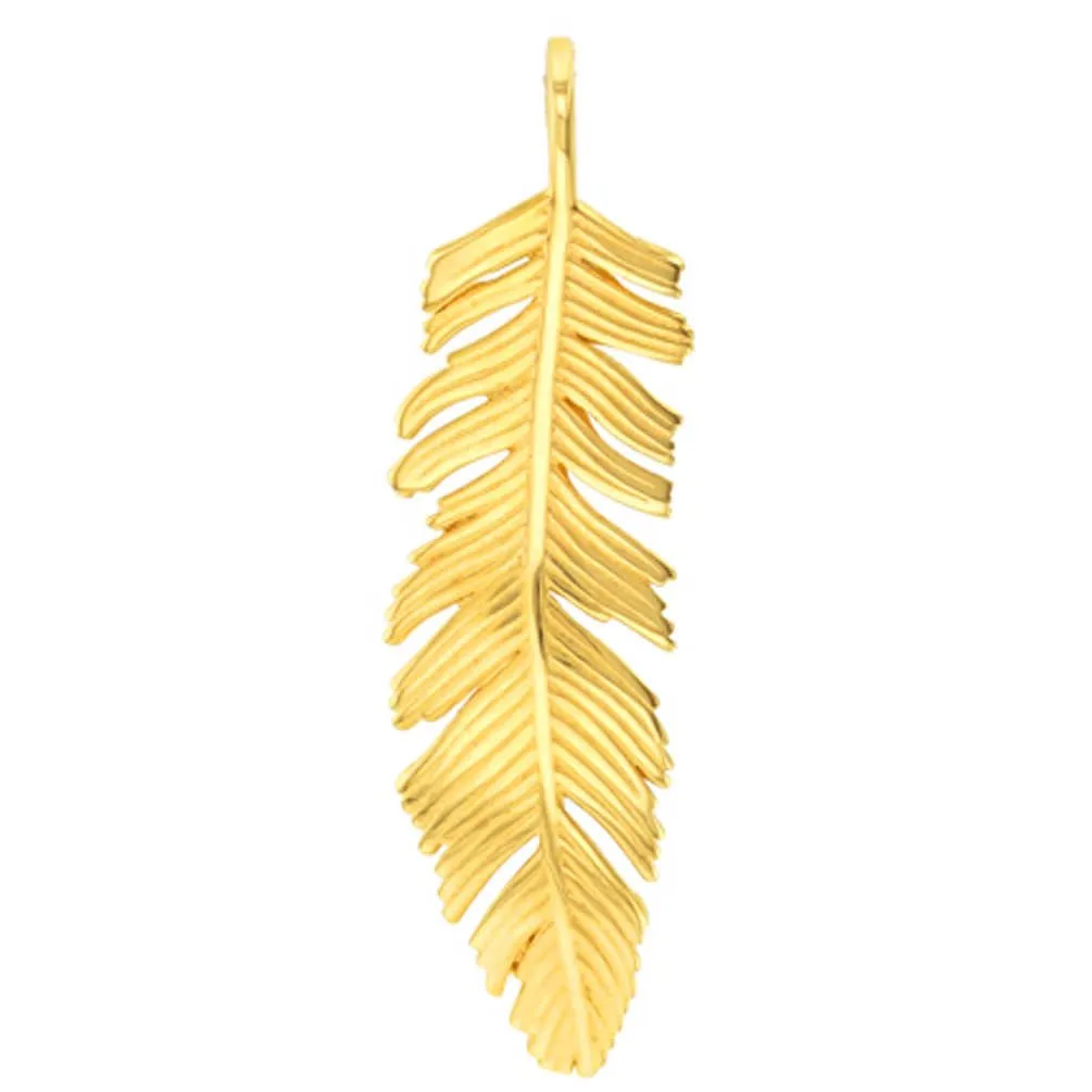 14k Solid Yellow Gold Polished Feather Charm Pendant with Figaro Chain Necklace