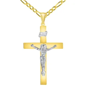 14k Two-Tone Gold 4mm Thick INRI Tubular Cross Roman Catholic Crucifix Pendant with Figaro Chain Necklace