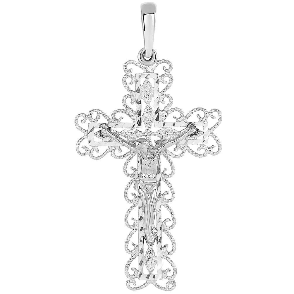 14k White Gold Fancy Filigree Religious Cross Jesus Crucifix Pendant Necklace