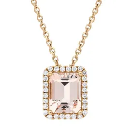 18ct Rose Gold 2.12ct Morganite Diamond Emerald Cut Necklace