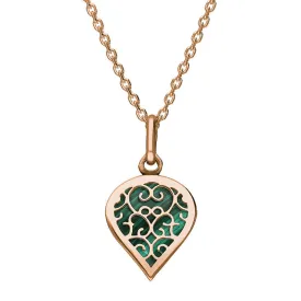 18ct Rose Gold Malachite Flore Filigree Small Heart Necklace