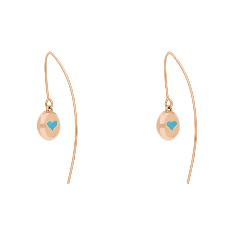 18ct Rose Gold Turquoise Heart Disc Drop Earrings