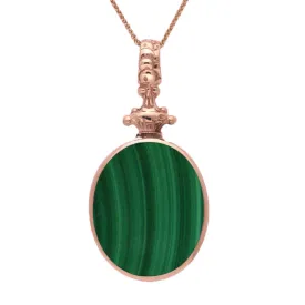 18ct Rose Gold Whitby Jet Malachite Double Sided Oval Fob Necklace