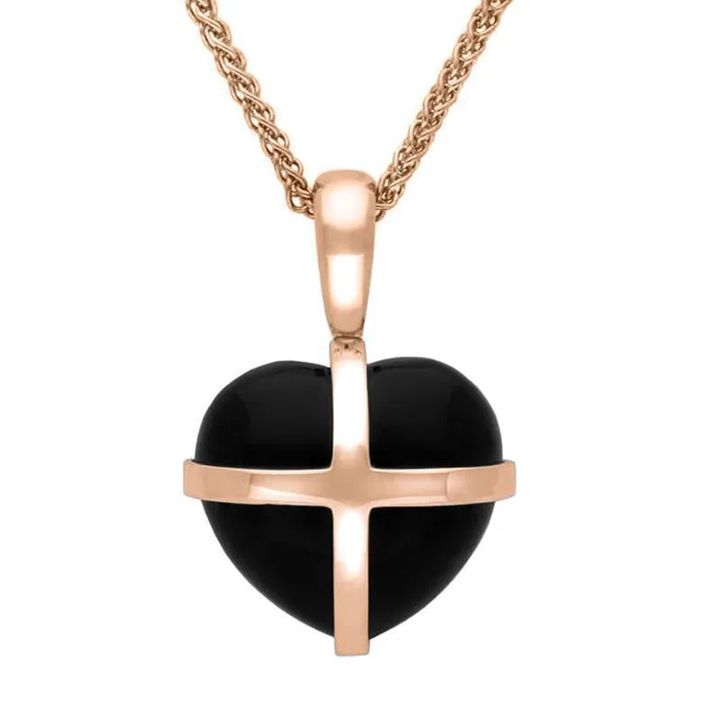 18ct Rose Gold Whitby Jet Small Cross Heart Necklace