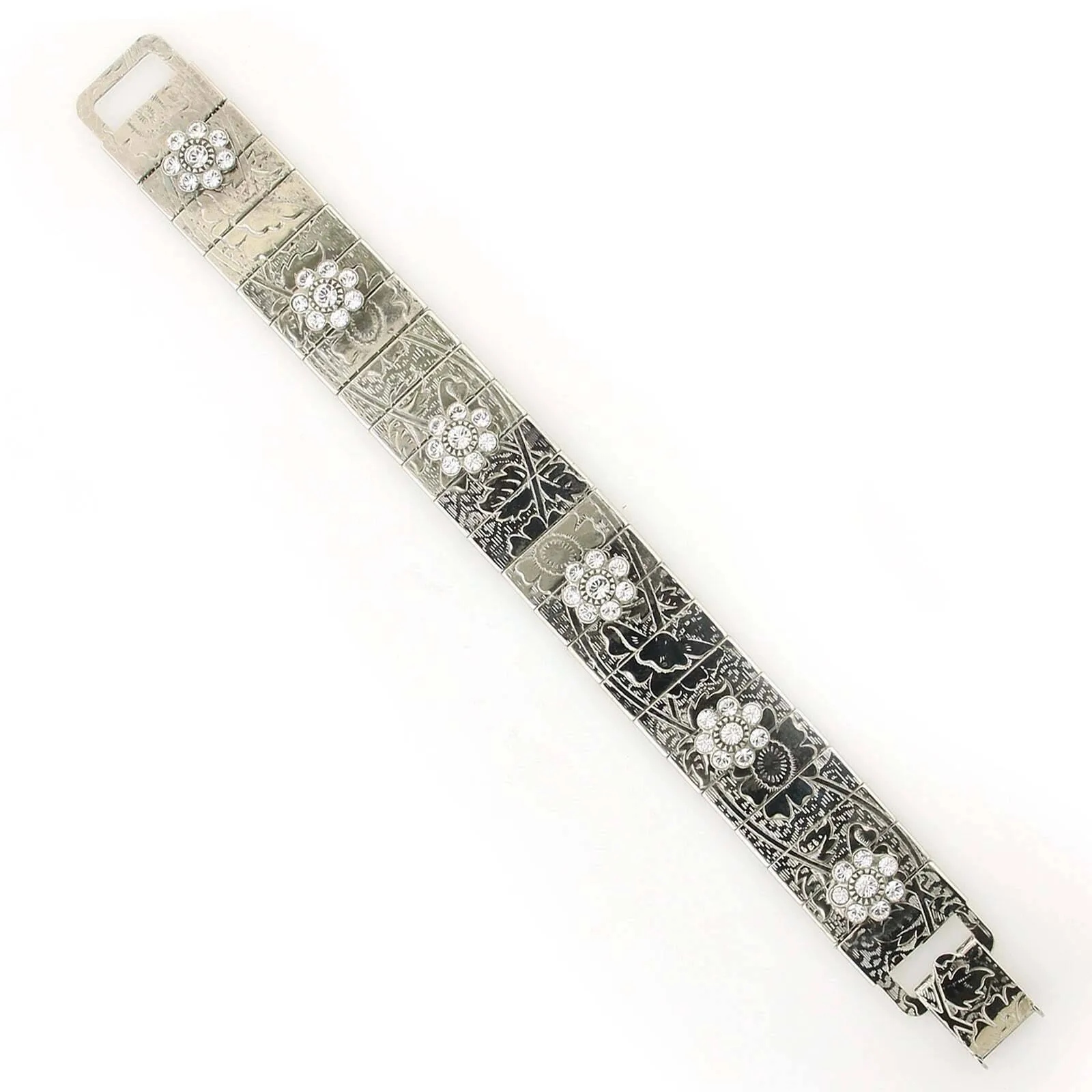 1928 Jewelry Crystal Flower Etched Floral Clasp Bracelet