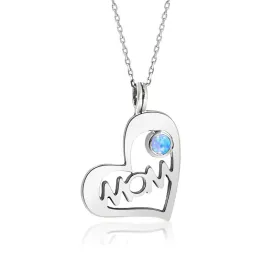 925 Silver Heart MOM Shape Pendant inlaid with Blue Opal