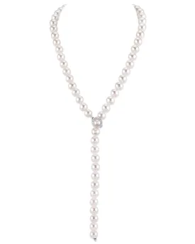 9.5-10.5mm White Freshwater Pearl & Diamond Adjustable Y-Shape Necklace- AAAA Quality