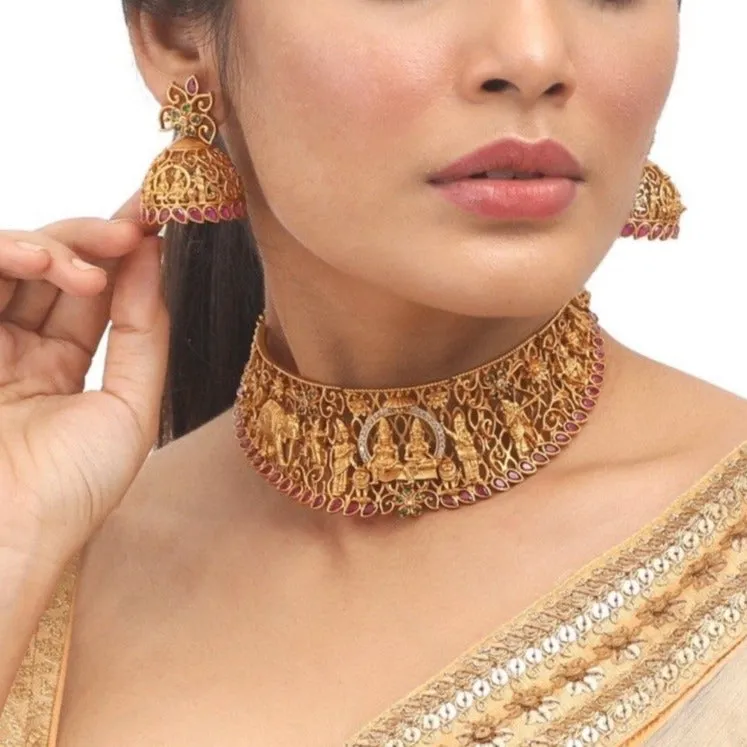 Antique Gold Plated Laasya Choker Earrings Set