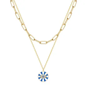 Dainty 14K Gold Layered Evil Eye Religious Necklace- Paperclip Lucky Blue Eye