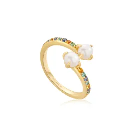 Gold Gem Pearl Adjustable Wrap Ring