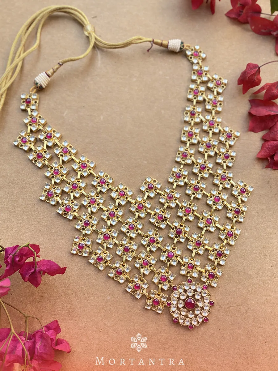 Pink Color Gold Plated Jadau Kundan Necklace - MN309P