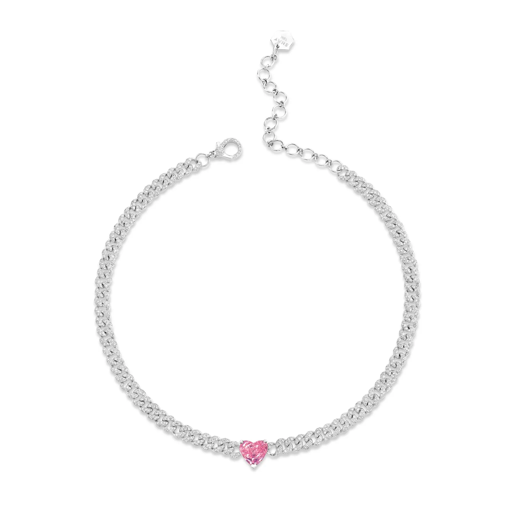 PINK SAPPHIRE HEART MINI PAVE LINK NECKLACE