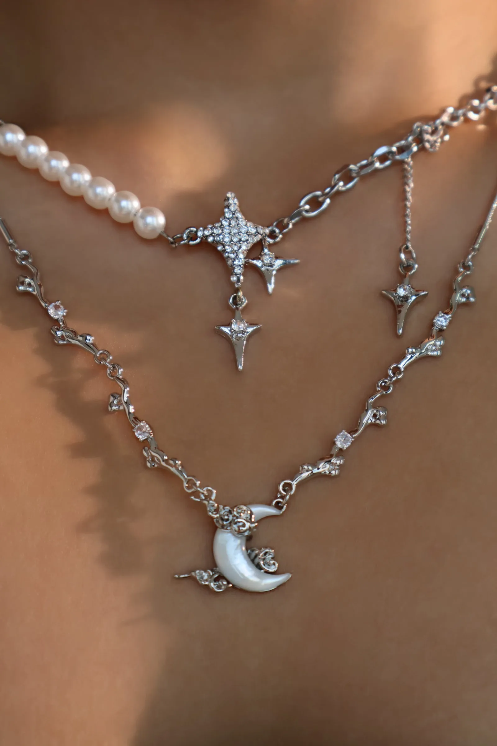 Platinum Plated Diamonds Natural Shell Moon Necklace