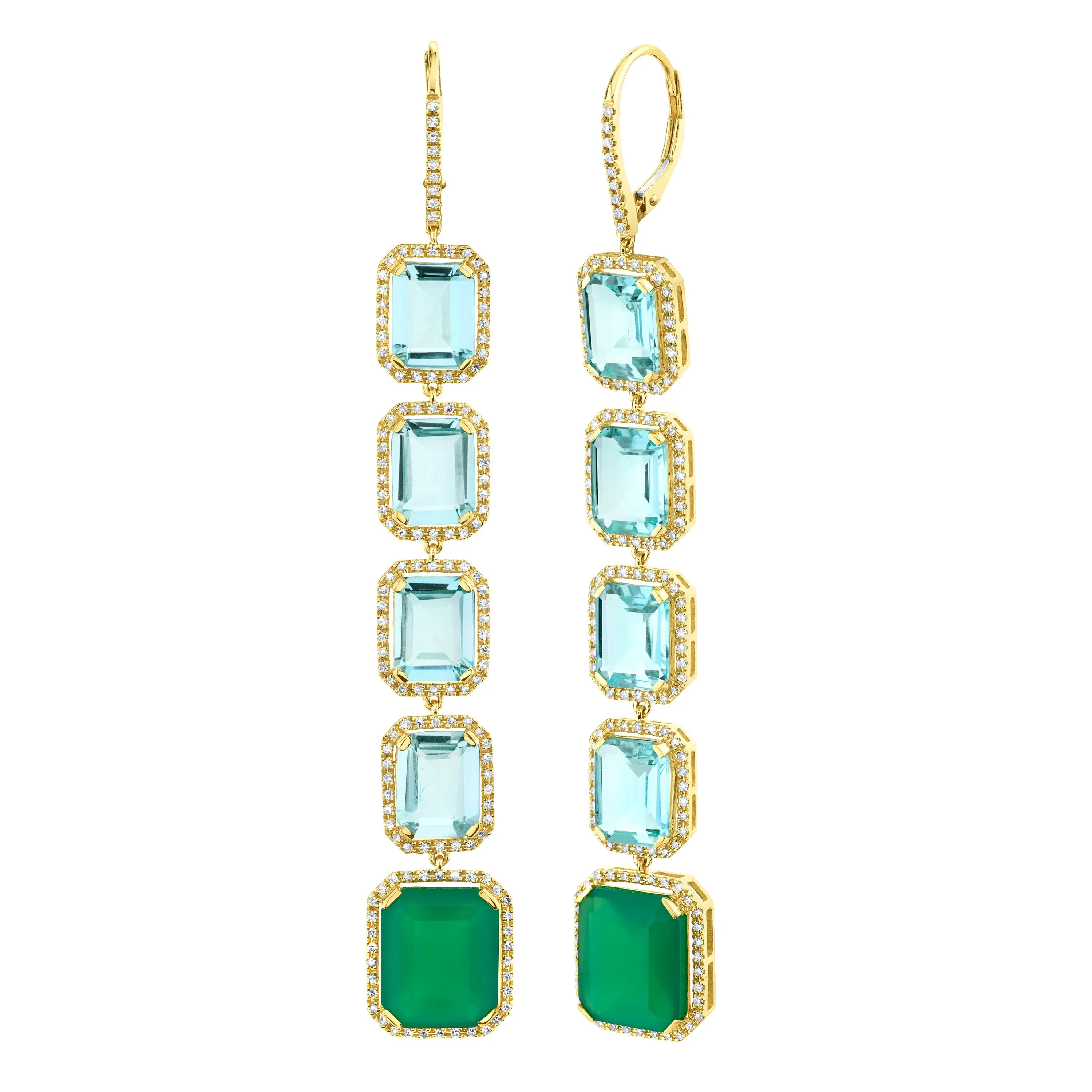 READY TO SHIP  BLUE TOPAZ & GREEN AGATE 5 TIER PORTRAIT EARRINGS