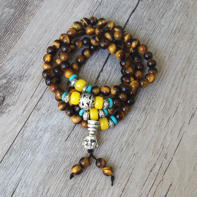 Tiger's Eye Laughing Buddha Mala