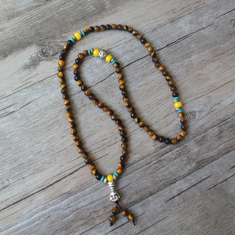 Tiger's Eye Laughing Buddha Mala